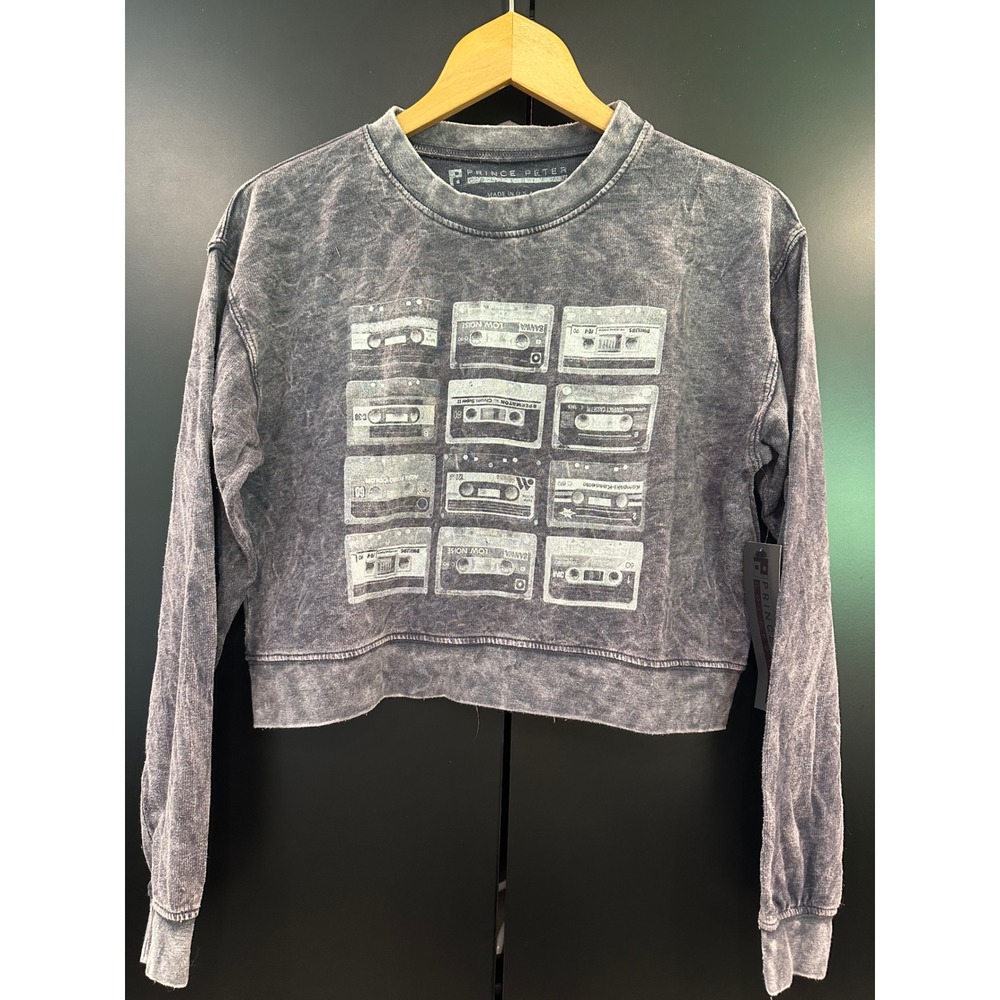 Prince Peter Collection Acid Wash Cassette Graphic Cropped Sweatshirt XS New